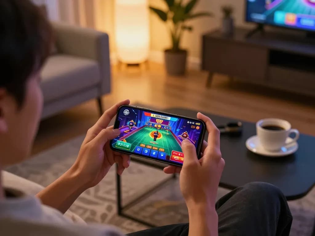 Player enjoying LGOSUPER mobile casino game in modern home setting, engaging gameplay and cozy atmosphere.