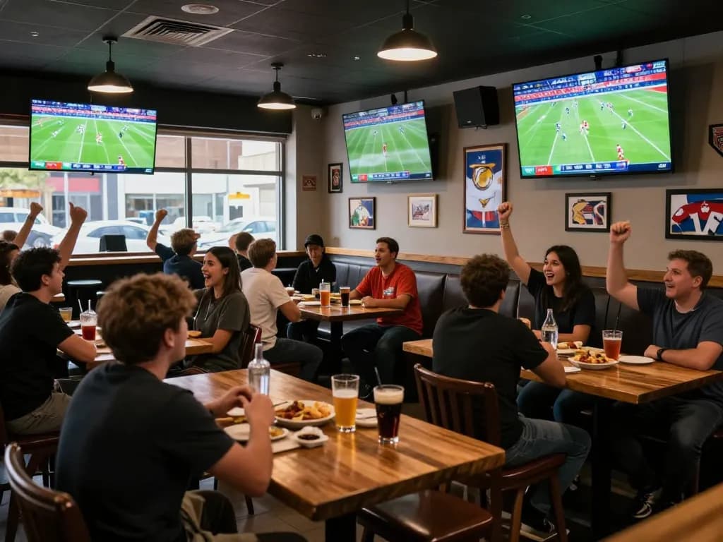 CakhiaTV sports fans immersed in live football match, vibrant atmosphere in sports bar.