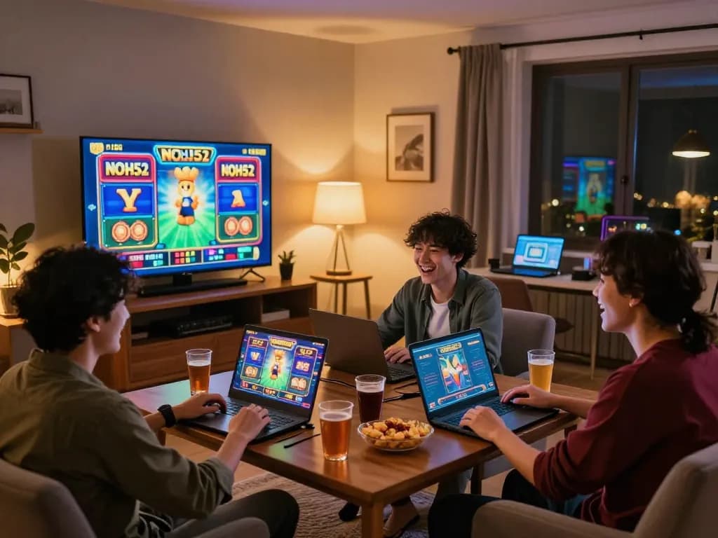 Friends engaging in an online NOHU52 slot game, enjoying responsible gaming in a cozy home.
