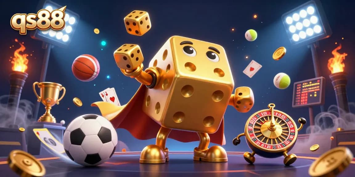 Experience the vibrant qs88 gaming scene with golden dice and dynamic sports elements.