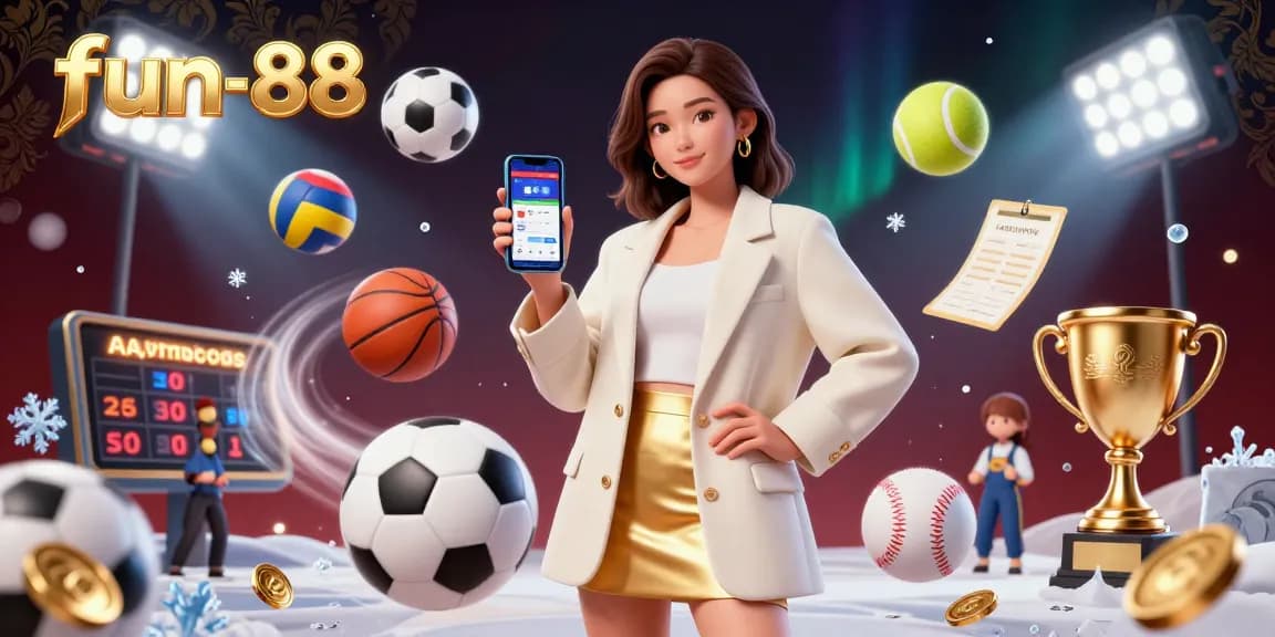 Bet on fun-88 with a friendly Asian woman showcasing a sports betting app in a vibrant casino setting.
