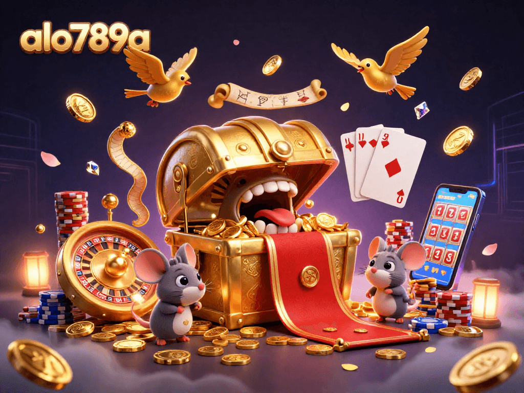 Experience thrilling games at alo789a, featuring dynamic roulette wheels and colorful poker chips in a vibrant casino scene.