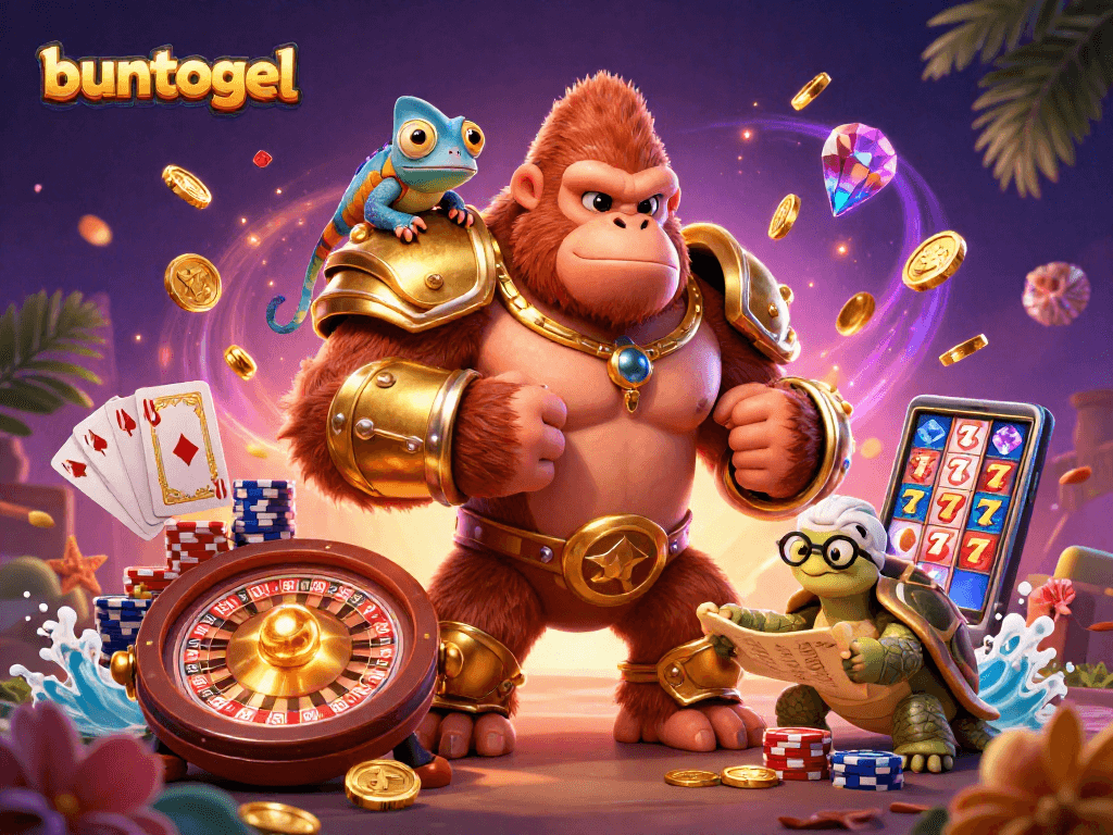 Experience thrilling gameplay at buntogel featuring a powerful gorilla king, chameleon spy, and tortoise elder in an exciting casino scene.
