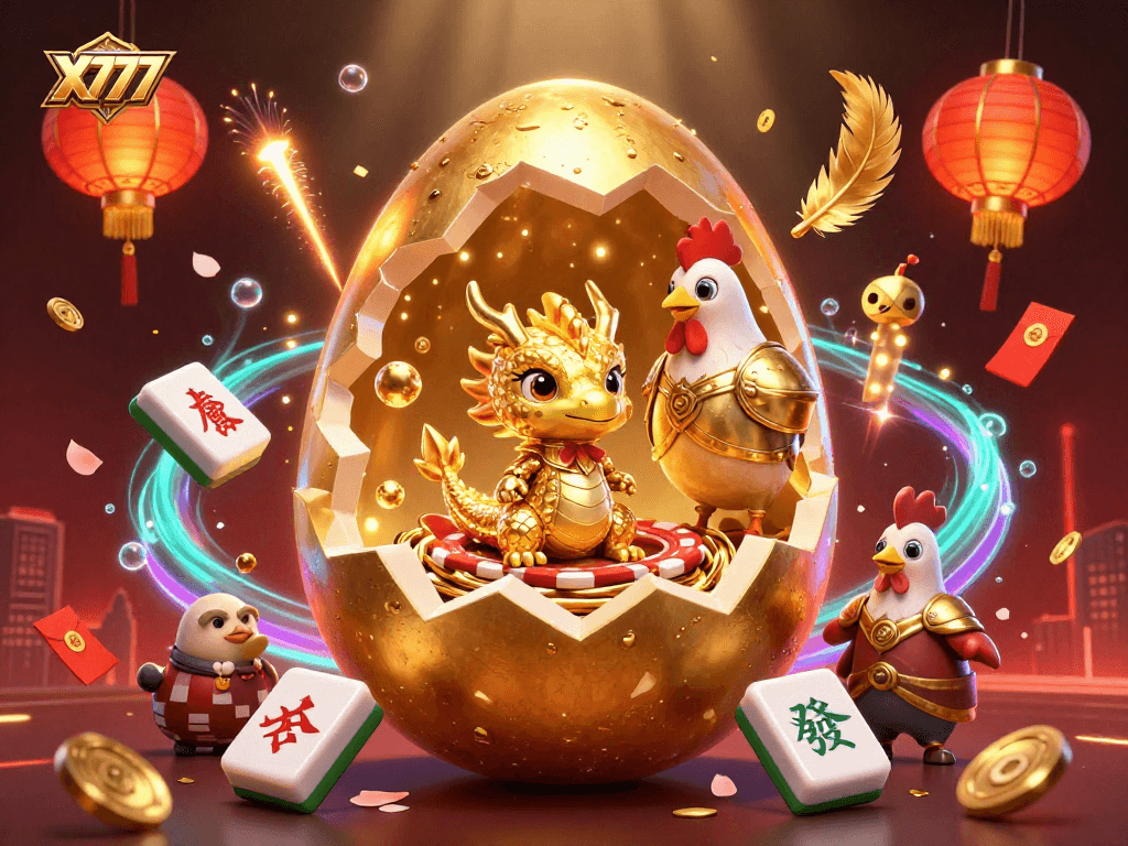 X777 game illustration with a golden baby dragon, poker chips, and casino-themed elements