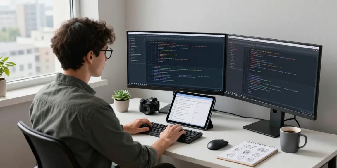 Developer coding with multiple screens showcasing link slots in a modern tech workspace