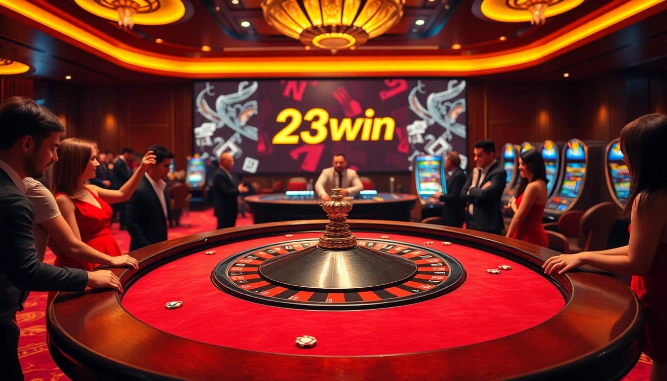 Players enjoying a thrilling game at 23win's luxurious casino, featuring a roulette table surrounded by excitement.