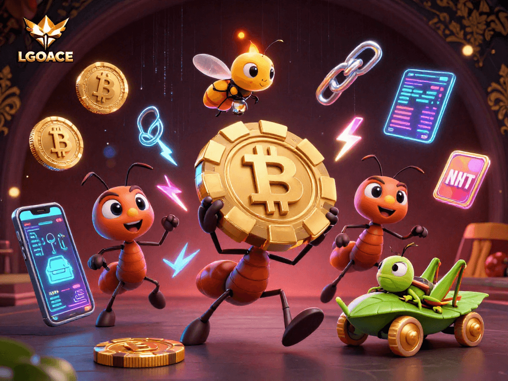 LGOACE showcases a thrilling heist scene with ants stealing a giant poker chip amidst vibrant casino elements.