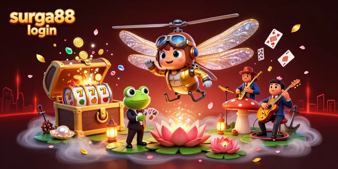 Experience the excitement of surga88 login as a dragonfly pilot hovers over a vibrant lily pad casino.