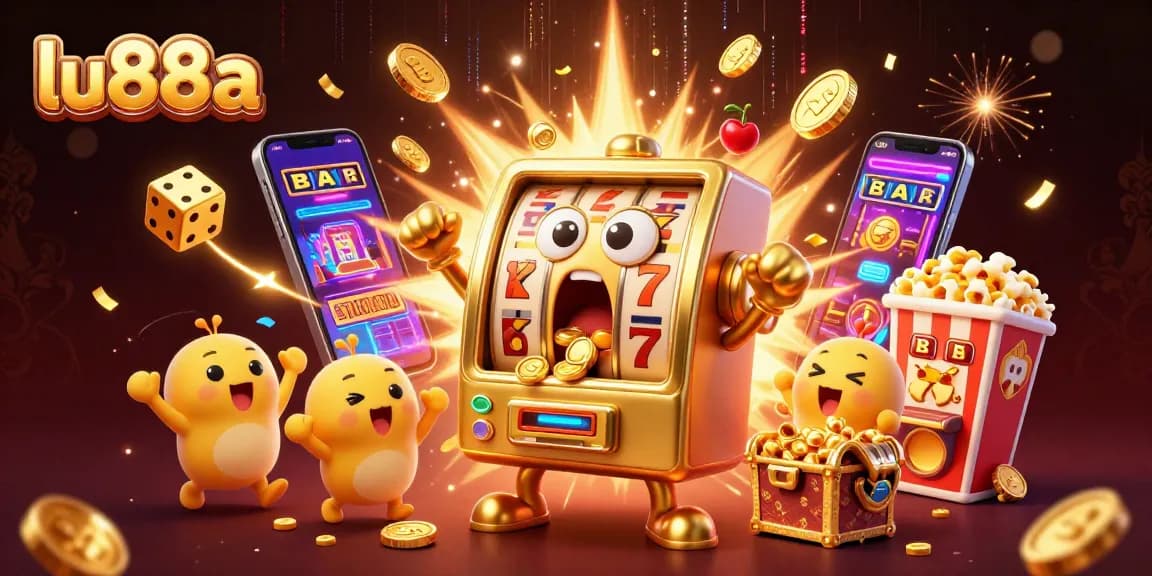 lu88a slots celebrate a jackpot with lively cartoon slot machines pouring coins