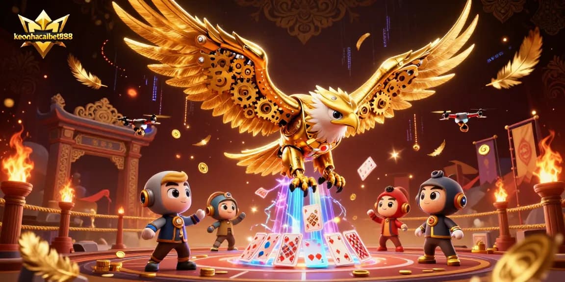 Experience the thrill of keonhacaibet888 as a cybernetic golden eagle dives through holographic cards in a dynamic casino scene.