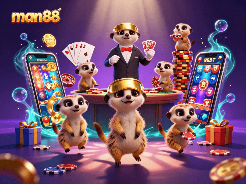 Engage with man88's lively casino scene featuring meerkats in action with colorful slot games.
