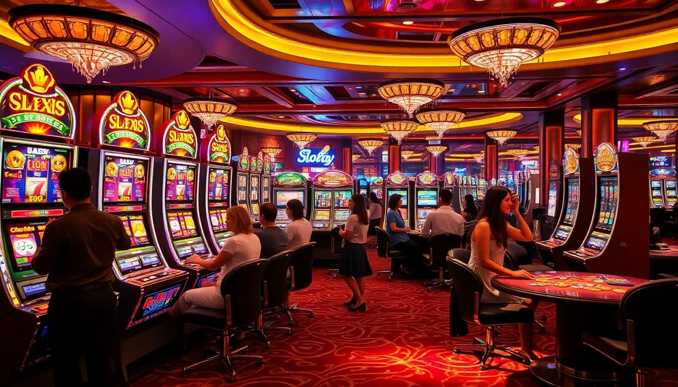 Experience the thrill of slot777 login with players celebrating big wins at a vibrant casino.