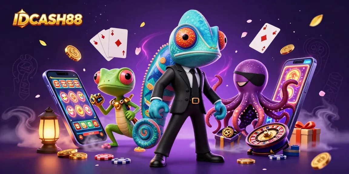 Immerse in IDCASH88's colorful slot universe with a vibrant scene featuring gameplay excitement and dynamic characters.