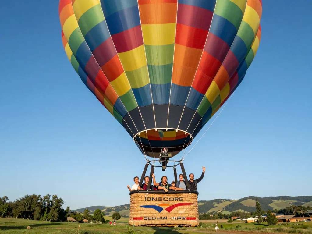 IDNSCORE hot air balloon experience soaring high with vibrant colors and thrilled participants.
