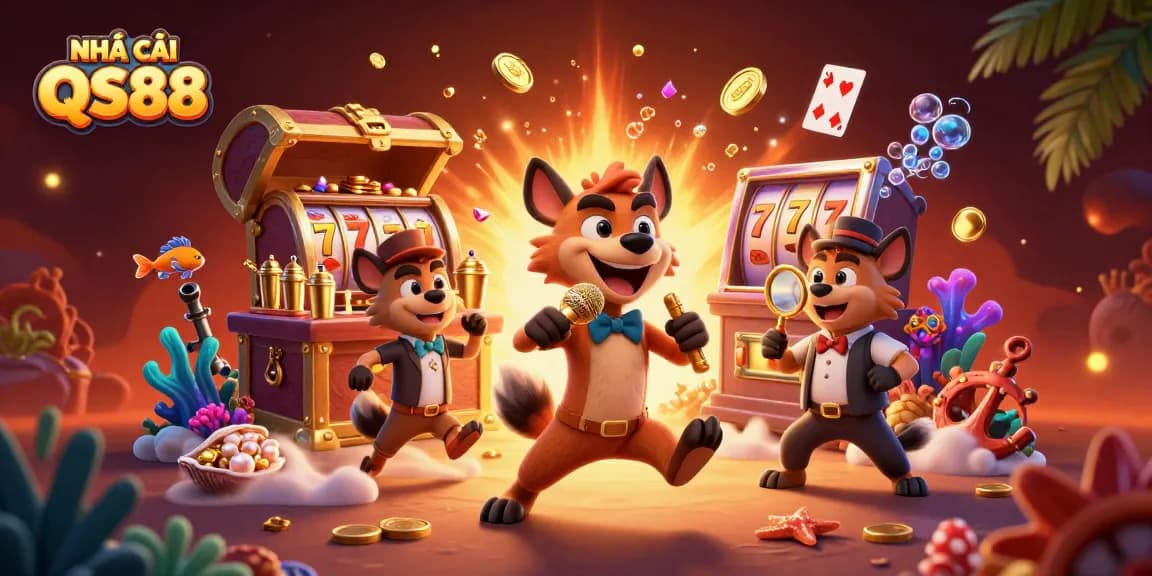 Engage with NHÀ CÁI QS88 in an animated casino scene featuring hyenas and vibrant game elements.