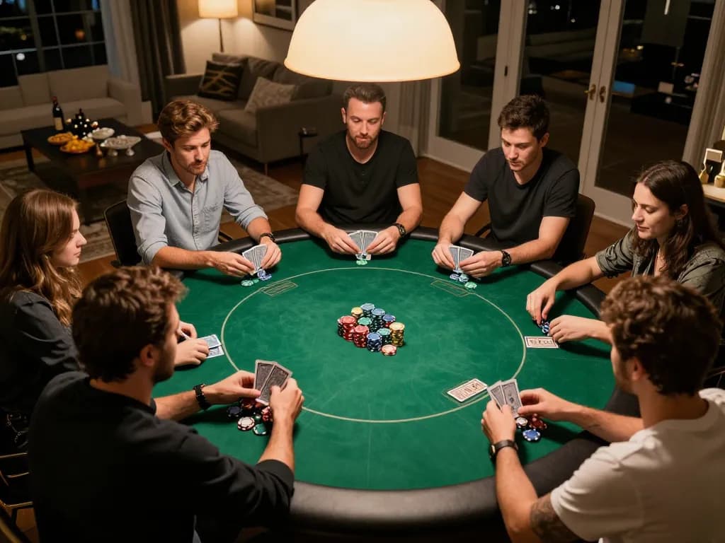 alfa138 players enjoying a thrilling home poker night with colorful chips and cards