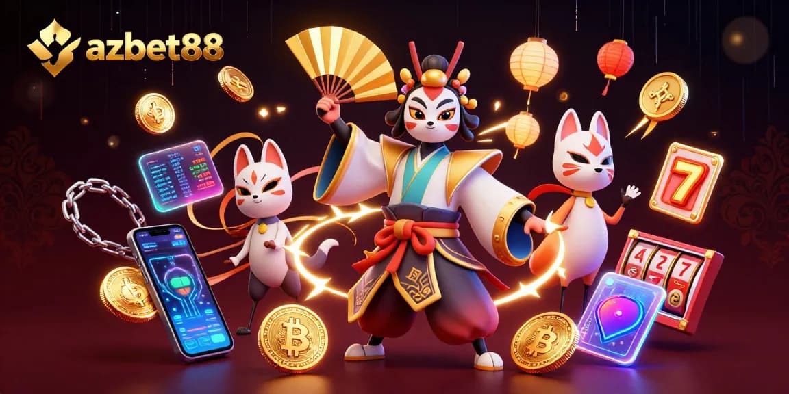 azbet88 showcases a vibrant gaming scene with a kabuki warrior and a kitsune mask, highlighting slot elements and cryptocurrency.