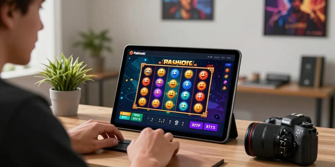 Pakhoki online gaming scene with player interacting with vibrant slot graphics on tablet, emphasizing user engagement and excitement.