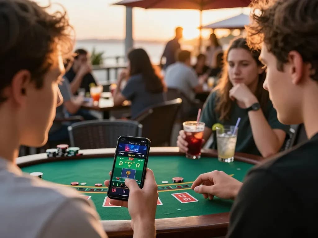 Terlibat dalam taruhan kasino online dengan aplikasi oceangalleyseafood di smartphone di kafe yang ramai