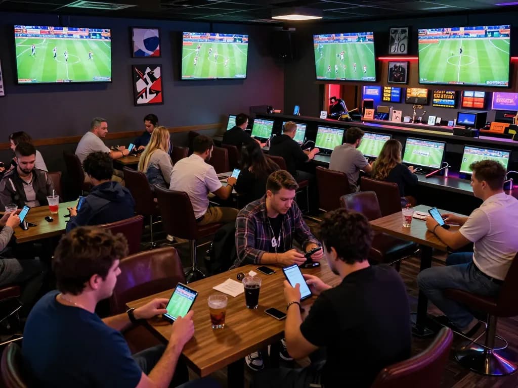 Engaged sports bettors using their mobile devices on trang cá độ bóng đá platform, vibrant atmosphere in a betting lounge