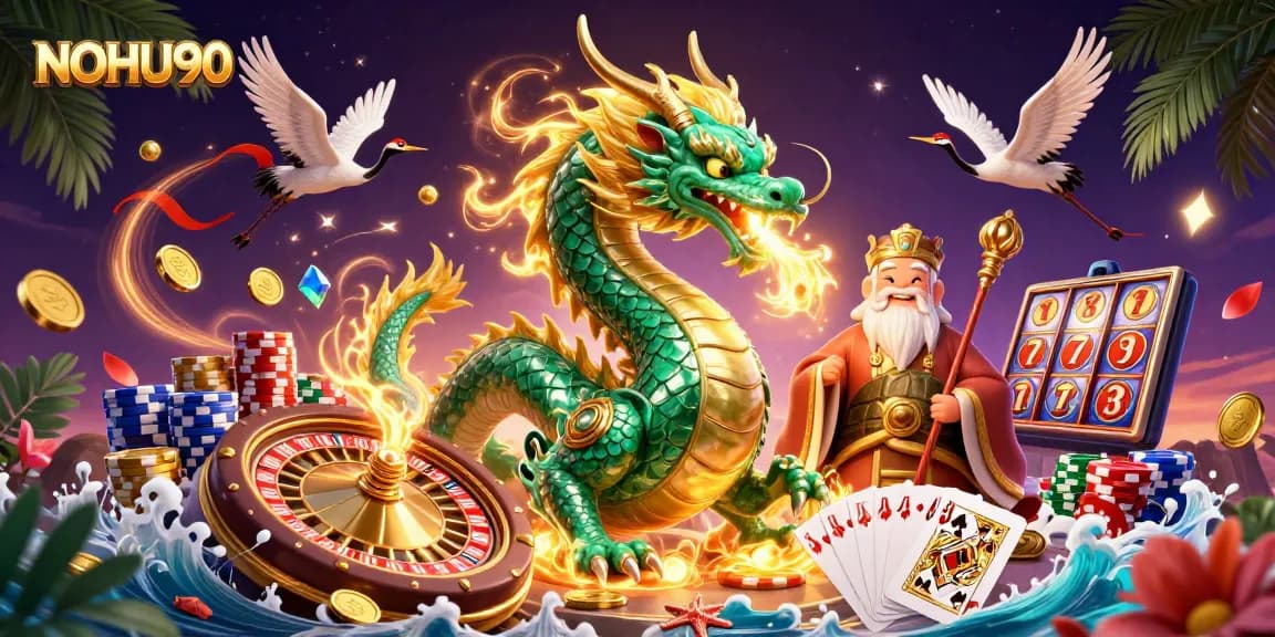 Experience the magic of NOHU90 with a vibrant casino-themed 3D illustration of luck and fortune.