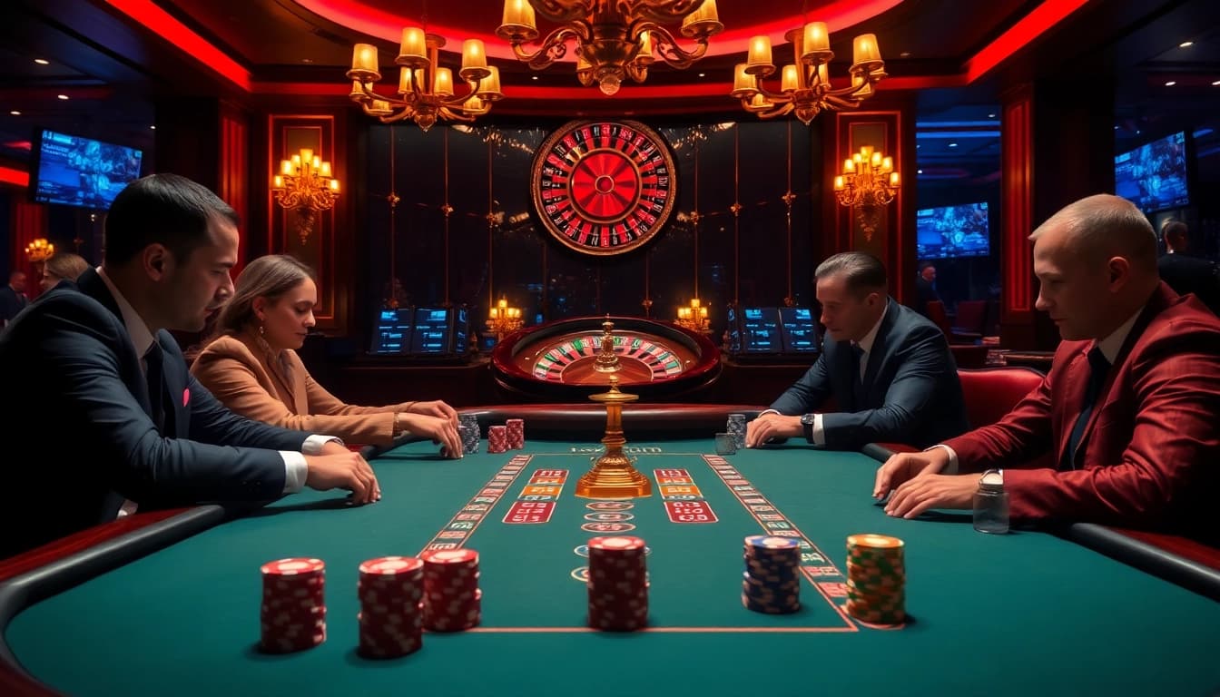 Experience the thrill of online gambling with 399W's exciting casino ambiance featuring poker and roulette.
