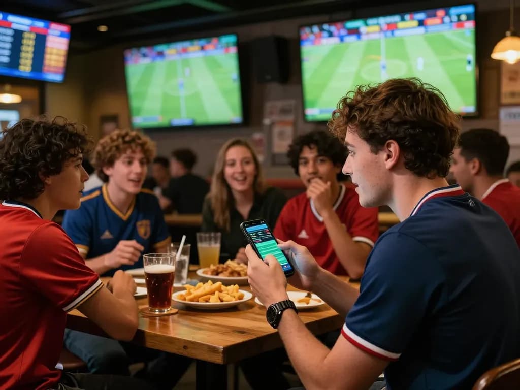 Engaging scene showcasing passionate fans making soccer predictions on a betting app while watching a live match.