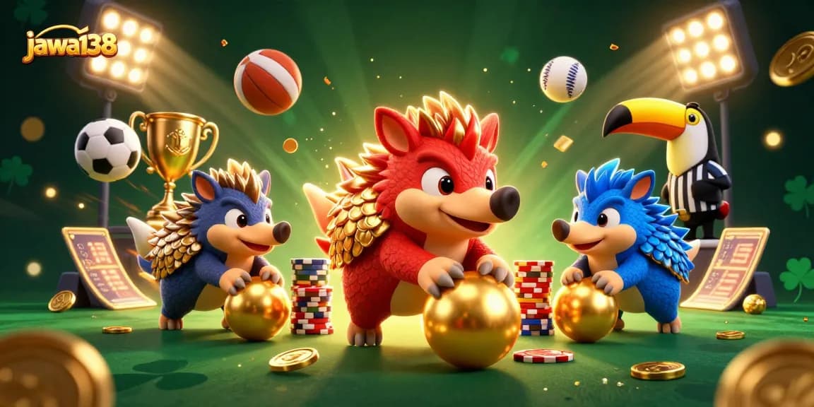 jawa138 menghadirkan momen seru dengan pangolin bersaing dan poker chip berserakan di arena perjudian.