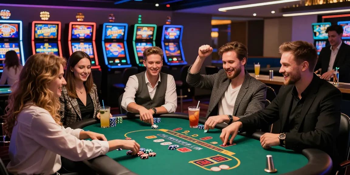 Engaging Polish casino guest posts atmosphere with friends enjoying games and drinks