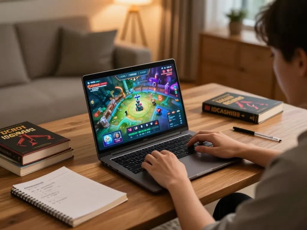 Engaging with IDCASH88 online gaming on a cozy laptop setup at home, showcasing immersive gameplay.