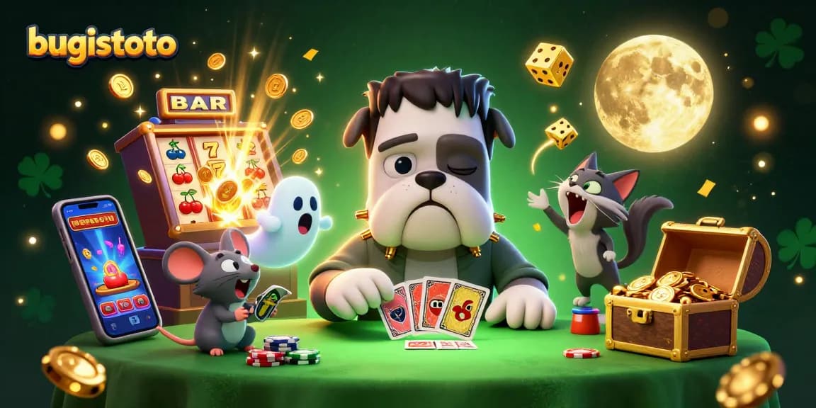Mainkan bugistoto dengan bulldog Frankenstein dan kucing werewolf dalam suasana kasino yang meriah.