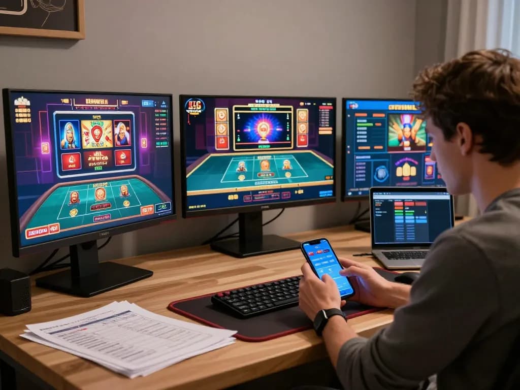 tr88 player focused on online casino gaming using multiple screens and strategy notes