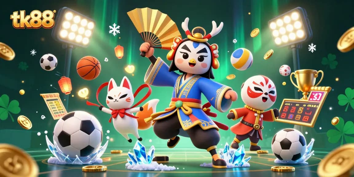 Experience the excitement of tk88 with vibrant colors and dynamic sports elements in this 3D illustration.