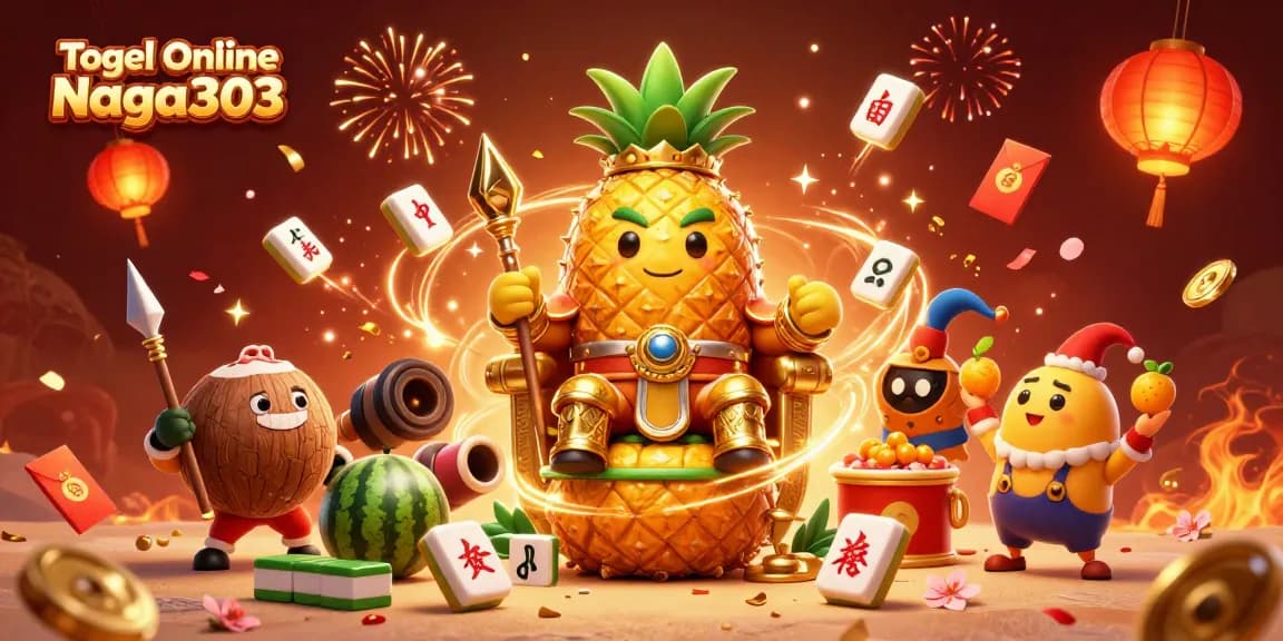 Togel Online Naga303 brings excitement with a vibrant casino scene, featuring a golden pineapple king and playful characters.