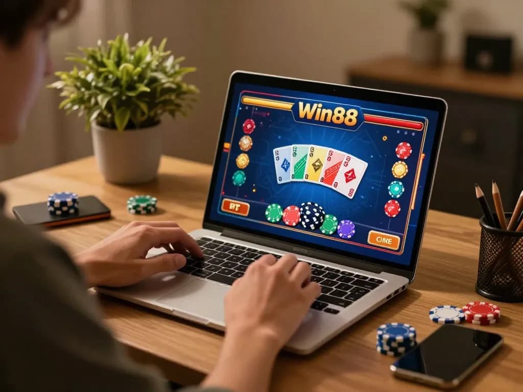 Player enjoying Win88 online casino games in a cozy, stylish home setup