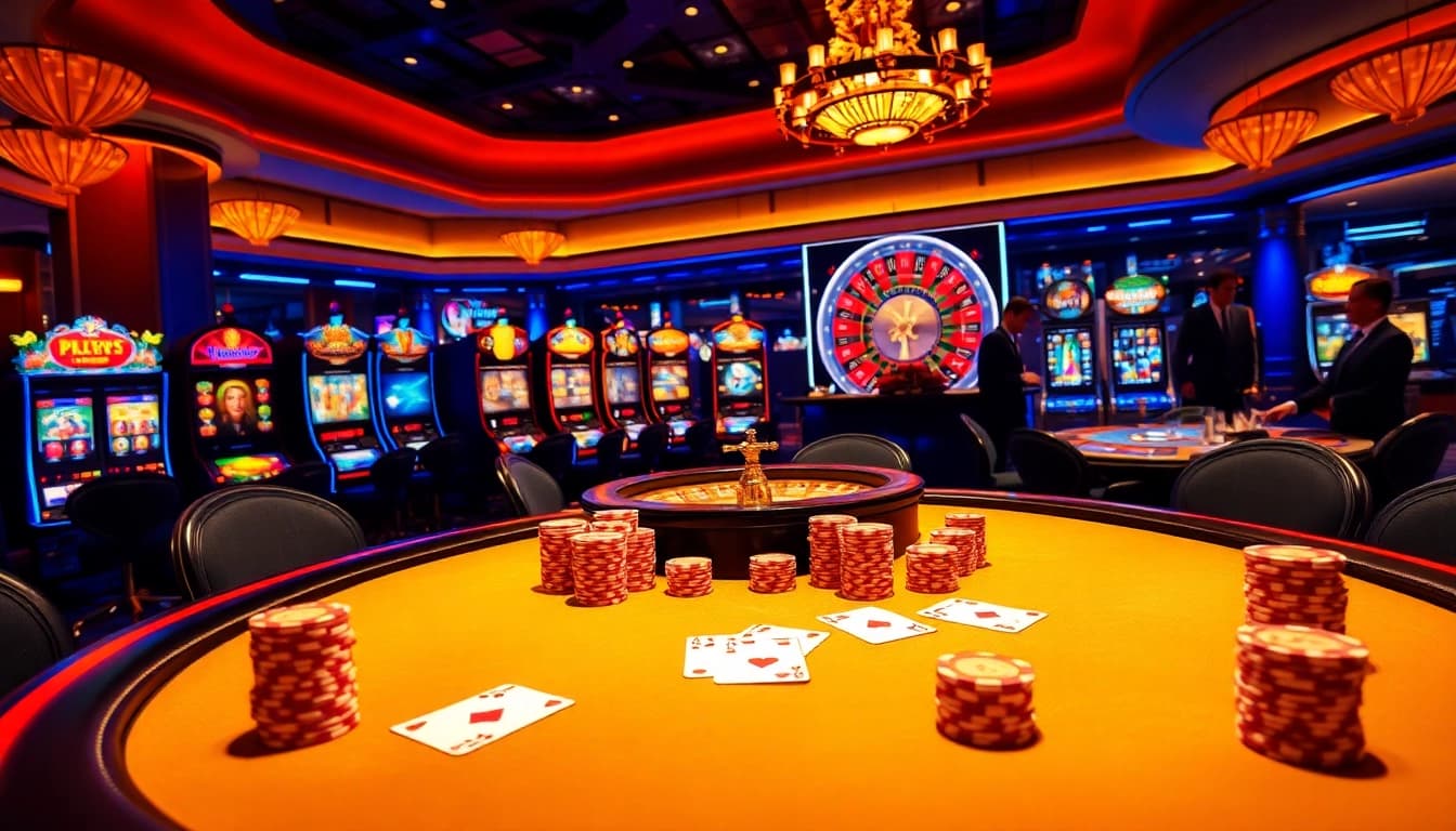 Experience the excitement of betting at 9ph.art with vibrant casino visuals featuring poker tables and slot machines.
