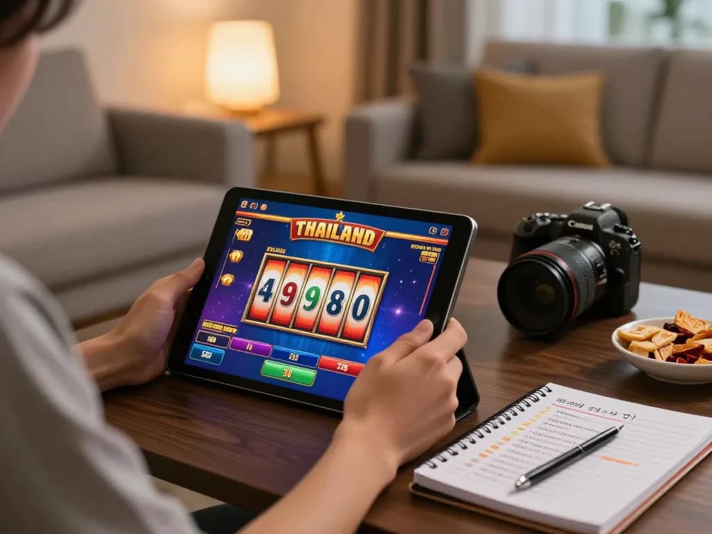 Engaging scene of a player enjoying slot thailand games on a tablet in a cozy home setting, highlighting strategic gameplay