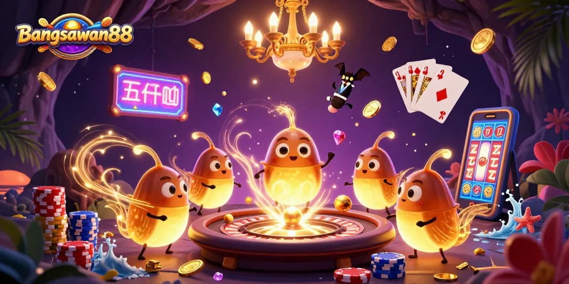 Engage in thrilling gameplay at Bangsawan88 with vibrant glowworms and a bat dealer in a lively cave casino.