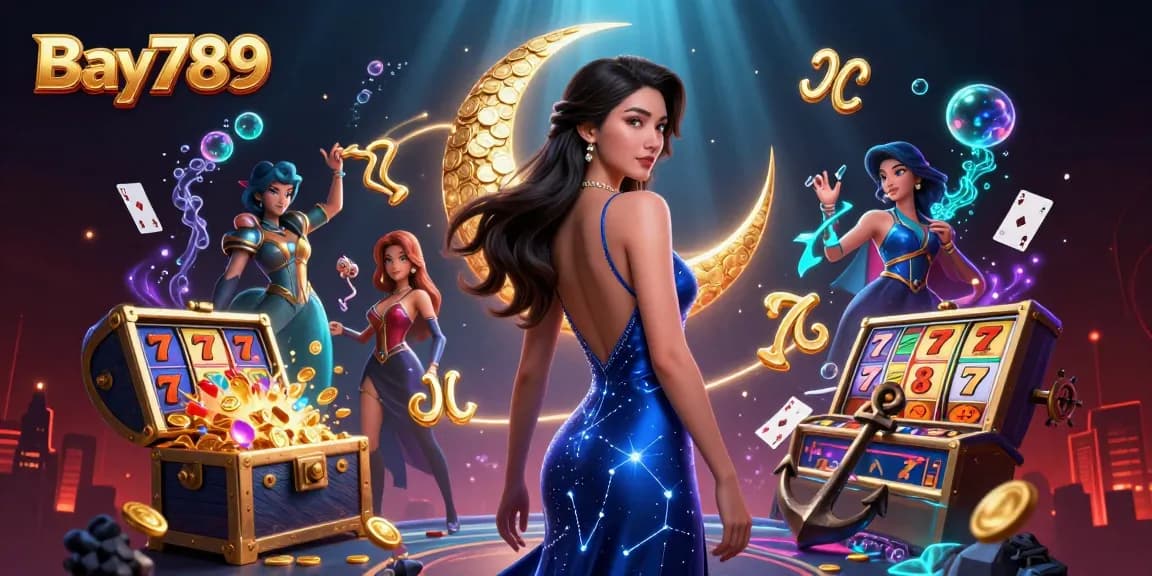 Experience Bay789's excitement with a stunning illustration featuring casino elements and an elegant character.