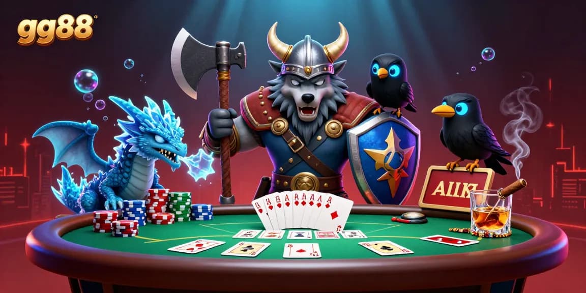 Experience the thrill of gg88 gaming with a Viking wolf warrior, fierce dragon, and poker excitement.