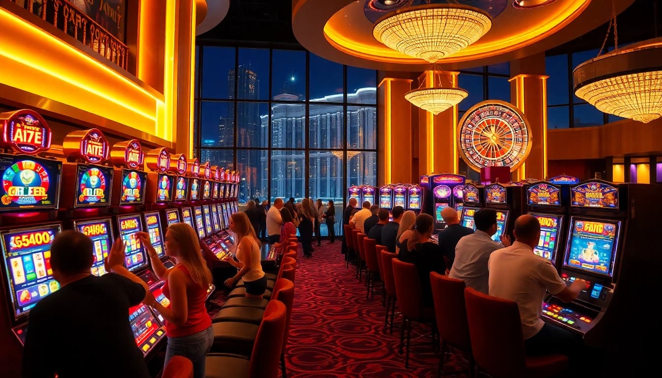 Excited players enjoying slot gacor machines in a luxurious casino environment.
