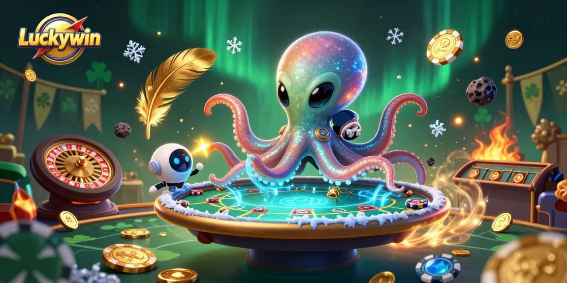 Experience thrilling gameplay at Luckywin with 3D alien octopus and poker in a vibrant casino setting.