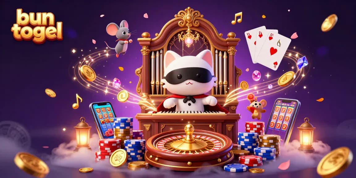 Engage in excitement with bun togel at the casino, featuring a phantom cat and acrobat amidst golden treasures.