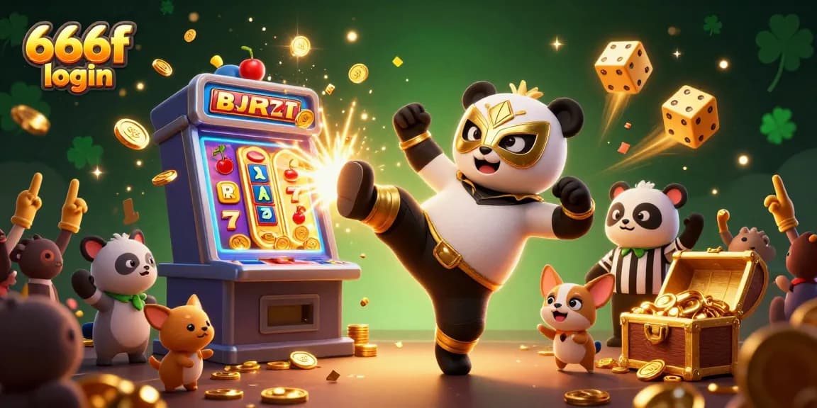 Engage with the thrill of victory in 666f login, featuring a panda wrestler, confetti, and vibrant casino elements.