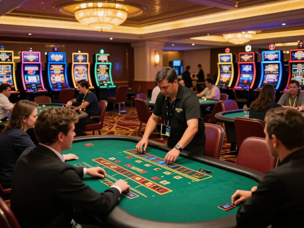 NK88 players engaged in thrilling gameplay at vibrant casino tables, showcasing an exciting gambling experience.