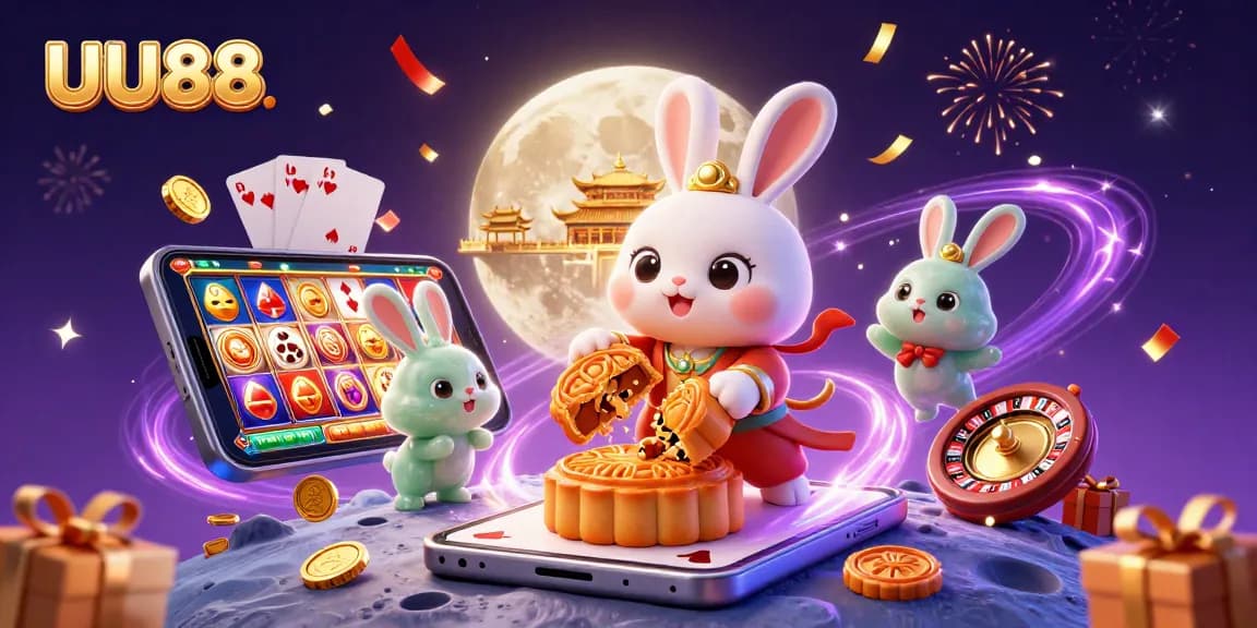 Experience thrilling gambling action with UU88 as the moon rabbit celebrates, surrounded by casino elements.