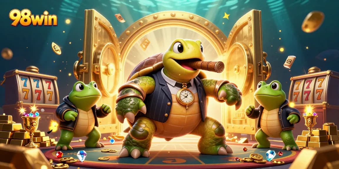 Engage with the 98win casino world featuring a mobster turtle and bullfrog enforcers amidst vibrant slot action.