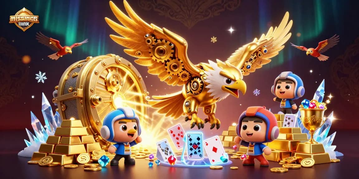 Experience missinglink gaming with golden treasures and a dynamic eagle swooping through holographic cards.
