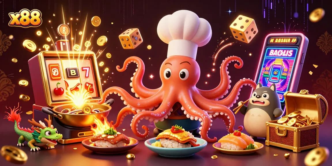 Experience vibrant gaming excitement with x88's dynamic scene featuring an octopus chef and gold treasures.