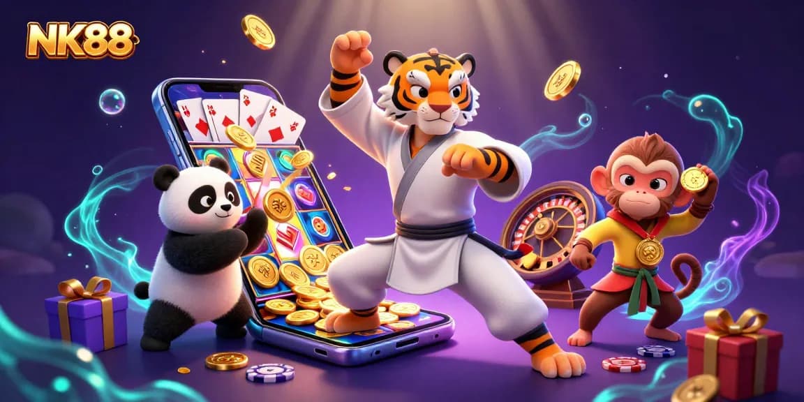 Engage with thrilling slot action at NK88 featuring vibrant characters and casino elements.